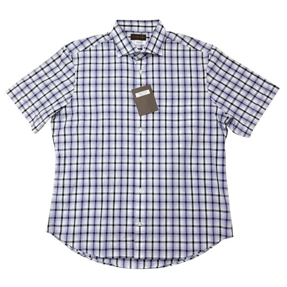 Thomas‎ Dean Short Sleeve Button Up Shirt Men’s Size Medium Purple Plaid Career - Picture 2 of 10